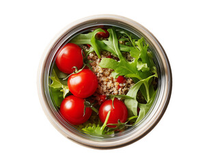 Sustainable Takeout Salad in Recycled Sugarcane Pulp Container with Clear Lid, Top-Down View on Transparent Background