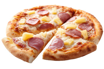 a Delicious Slice of Hawaiian Pizza, Showcasing Melted Mozzarella, Cubed Ham, and Sweet Pineapple Chunks, Expertly Captured with Focused Lighting and Isolated on a Transparent Background