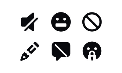 flat black solid icon items isolated on white background self expression limits (symbols): muted icon closed mouth restricted circle broken pencil speech lock face