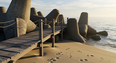 Obraz premium Beachfront Walkway at Sunset Leading to a Tranquil Sea, Coastal Scene with Wooden Pier and Concrete Breakwater Against a Soft Sky