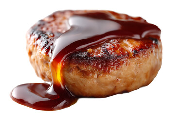 a Savory Japanese Hamburg Steak, Perfectly Cooked and Generously Drizzled with Rich Glaze Sauce, Expertly Captured with Focused Lighting and Isolated on a Transparent Background