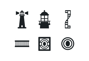flat black solid icon items isolated on white background lighthouse (structure): tower lantern room spiral stairs railing light housing beacon lens