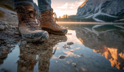 Hiking boots stand in shallow water by a tranquil mountain lake at sunrise