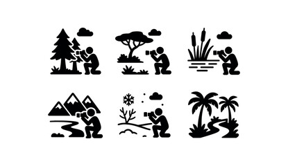 Fototapeta premium flat black solid icon items isolated on white background wildlife photographer (scenes): forest savanna wetland mountain range snowy field jungle path