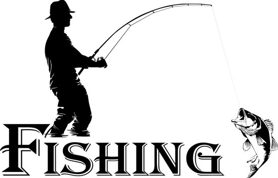 Fishing.Fly fisherman fishing.graphic fly fishing.clip art black fishing on white background. Vector