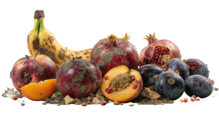 Spoiled and Rotten Fruit on Green Background