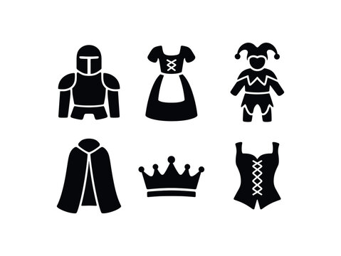 flat black solid icon items isolated on white background medieval fair (costumes): knight armor peasant dress jester outfit cloak crown corset