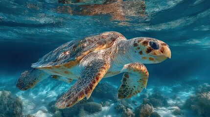Fototapeta premium Sea turtle swimming underwater, coral reef