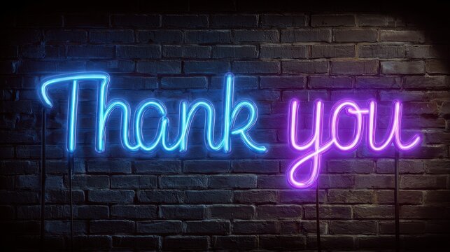 Thank You Purple. Neon Sign on Brick Wall with Blue Glow. 3D Illustration of Appreciation Lettering
