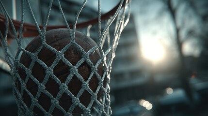 Basketball in hoop, urban setting