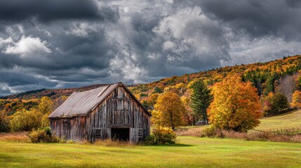 The Berkshires: Wooden Barn in Autumn Landscape with Colorful Countryside