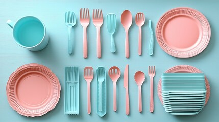 Dual - Tone Disposable Tableware Collection on Light Blue Background