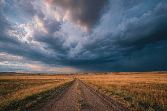 Dirt road vanishing into stormy prairie landscape