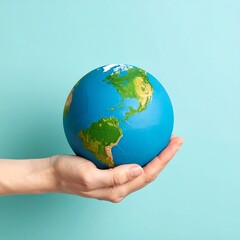 A hand gently cradles a small, painted globe against a light blue backdrop