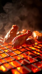 buffalo wings smoky grill low angle charcoal golden hour spicy food grilled cooked juicy chicken wings
