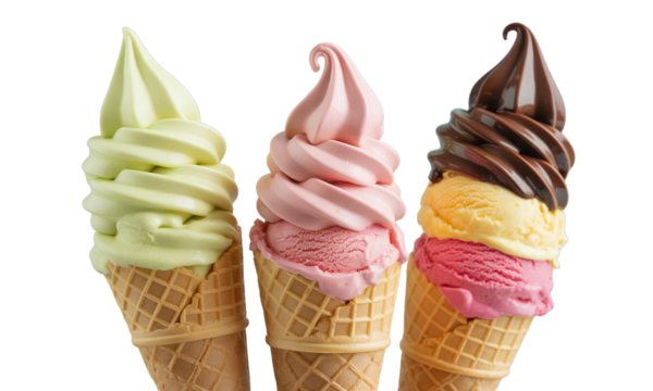 Trio of Colorful Ice Cream Cones on Light Blue Background
