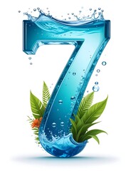 A stylized number seven, crafted from translucent, aqua-colored water, is encircled by splashing water and lush tropical foliage