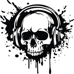 skull wearing headphones surrounded by black ink splatter creates a striking monochrome image