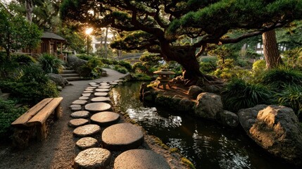 Serene Japanese garden path, stones, water, trees, sunlight