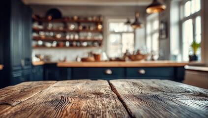 Rustic wooden table top in front of a blurred kitchen