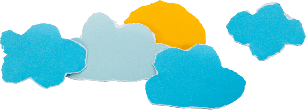 Colorful paper clouds and sun in blue and yellow isolated on white background for creative projects and design applications