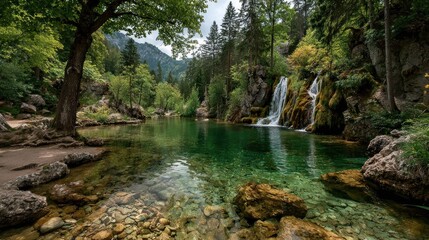 Obraz premium Serene mountain lake with waterfall. Lush greenery surrounds tranquil water