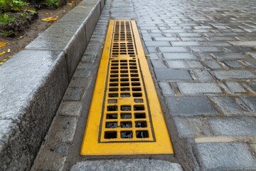 Fototapeta premium Trench Drain. Grid Construction for Rainwater Drainage System Along Roadside Sidewalk