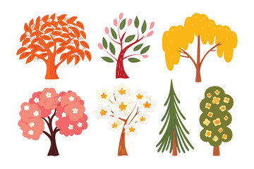 Vibrant Assortment of Botanical Delights: A captivating display of botanical illustrations, each tree representing a unique species, showcasing diversity of color and structure.