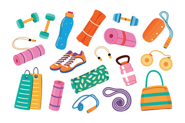 Fitness Equipment Display: A vibrant array of essential fitness equipment is artfully arranged, featuring items like dumbbells, water bottle, yoga mats.