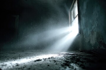 Naklejka premium Sunlight streams through a window in a dusty, abandoned room