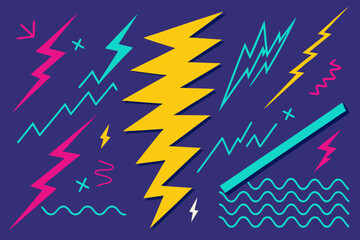 Vibrant retro style pattern with lightning bolts and geometric shapes, perfect for eye-catching designs and energetic backgrounds, originally created as a scalable vector graphic