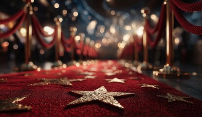Red carpet strewn with gold stars, leading to a blurred, bright background