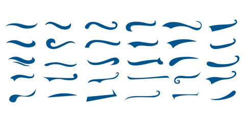 Set of blue vector sport swooshes. Collection of hand-drawn filled tails for typography and logo design
