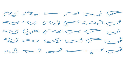 Blue outline sport swooshes. Vector line art collection of decorative lettering tails.