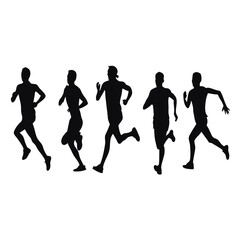 Silhouette of five male runners in action showcases fitness and athletic endeavor on white