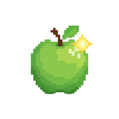 Fototapeta premium Pixelated green apple with shimmering light, a retro digital art illustration in isolated format