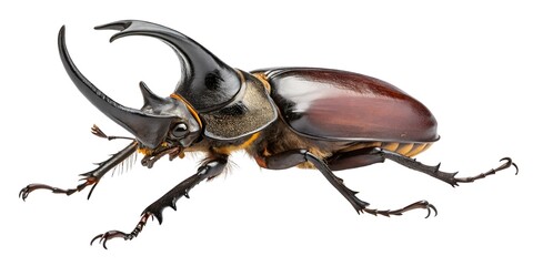  Macro studio image of a horned beetle from side profile, large curved horns and glossy shell in sharp focus, legs and mandibles clearly defined, isolated on a clean white background.