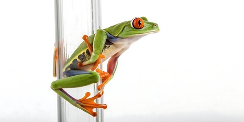  Macro full-body image of a red-eyed tree frog climbing a vertical glass-like surface, each toe pad and skin pore in sharp focus, bright green and orange colors vivid, isolated on a transparent white.