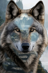 Fototapeta premium A surreal double exposure illustration of a grey wolf with mountain steps and misty peaks blending into its fur. The artwork symbolizes the division between outer form and inner essence — the wolf bec
