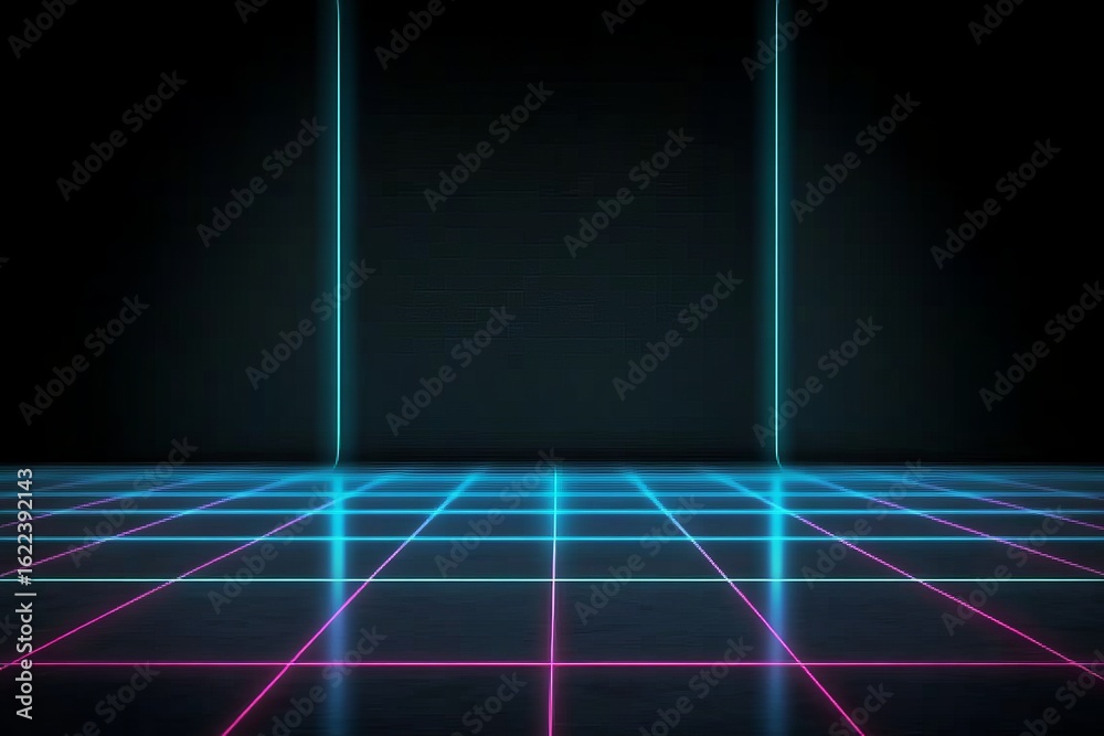 Wall mural futuristic gridscape display portal with illuminated neon lights on dark stage for gaming spaces