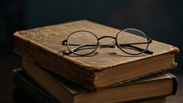 Stack of vintage books with eyeglasses