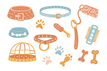 Essential Pet Accessories Array: A captivating array of essential pet accessories, including collars, leashes, bowls, and playful toys, all arranged in a visually pleasing flat-lay style.