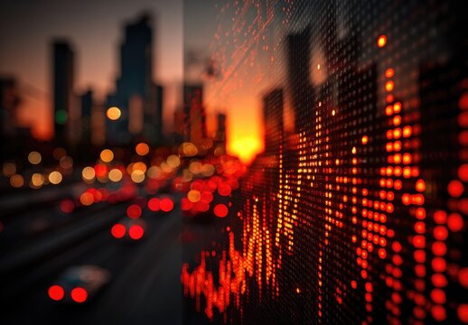 Financial data screen at sunset over city