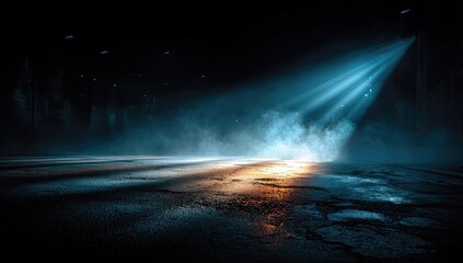 Dark, moody, urban scene with light beams