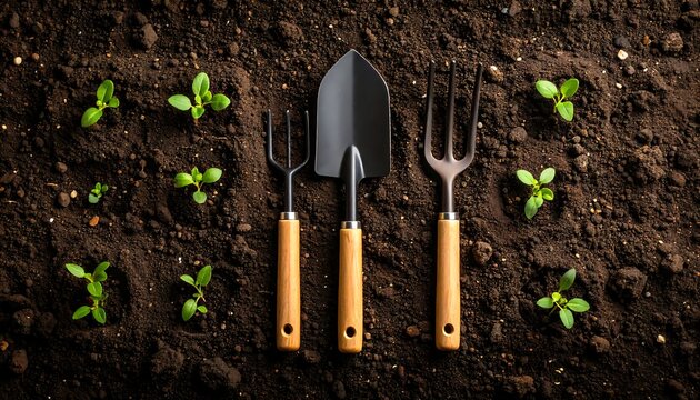 Garden tools and seedlings on dark soil, top view, gardening concept