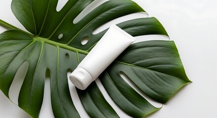 Cosmetic product placement featuring white tube and Monstera leaf background