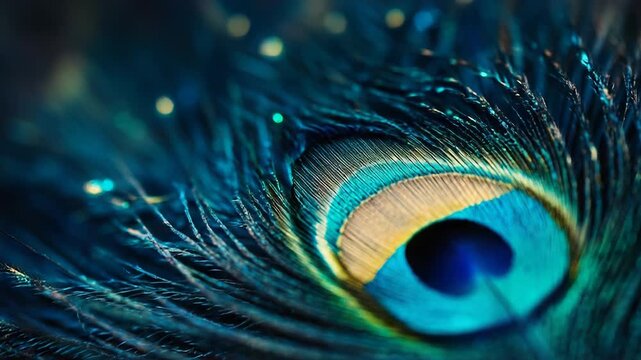 Vibrant peacock feather showing iridescent colors and fine details