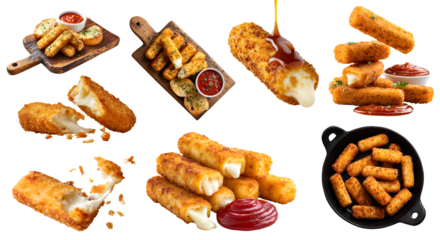 Set of crispy mozzarella sticks, golden brown fried with melting cheese, wood serve board, skillet pan, with marinara ketchup sauce dip, stack broken bitten pieces, transparent cutout PNG. Mockup	
