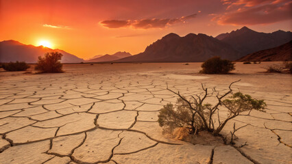 A barren desert scene with a single tree positioned in the middle, surrounded by sandy terrain
