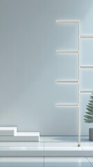 abstract neon blue ice sculpture Minimalist Modern Indoor Space with Sleek Metal Frame and Potted Plant on White Tiled Floor geometric neon blue ice pattern